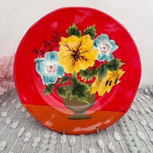 Carol Anderson Signature Pottery 9" Plate Handpainted Red Flower Bouquet USA